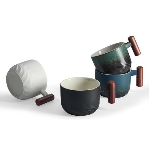 6 Oz Ceramic Espresso Mugs with Wooden Handle, Demitasse Cups for Double Shot Latte Cappuccino Lungo Tea Bag Beverage, Espresso Cups Set of 4 Multicolor 6oz