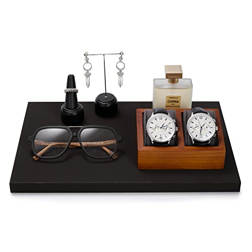 Oirlv solid wood double watch display stand in grey with square design, showcasing two watches on a jewelry tower.