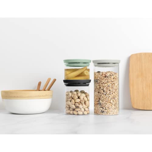 Brabantia 3pc Stackable Glass Food Jars (Mixed Colors) 0.08 + 0.16 + 0.3 Gal Heat-Safe, Dishwasher-Safe, Air-Tight Pantry Organizers Gray / Jade Green 3 Pack