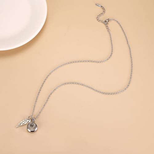 Tiny Glass Round Cremation Urn Necklace For Ashes For Women With Angel Wing Stainless Steel Memorial Locket Necklace Keepsake Jewelry Silver