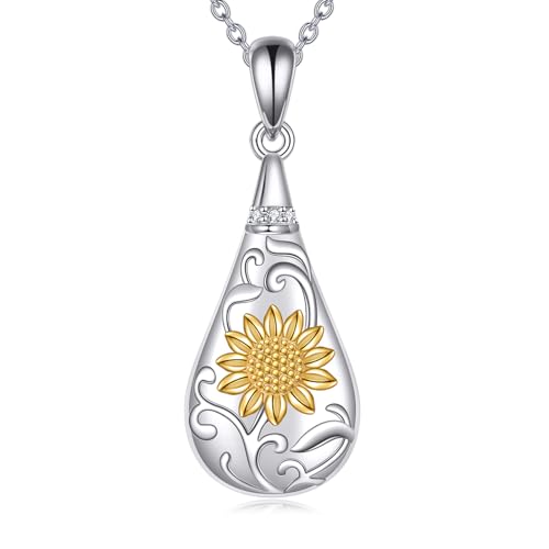 YFN Sterling Silver Sunflower Teardrop Urn Necklace - Cremation Jewelry for Ashes, Memorial Keepsake Pendant with Heartfelt Gift Box