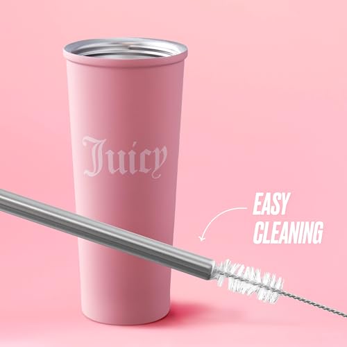Juicy Couture 6-Piece Tumbler Gift Set With 24oz Stainless Steel Tumbler With Reusable Straw, 3 Straw Toppers and Cleaning Brush, Pink Hot Pink 24 Ounces