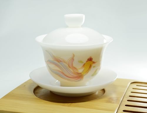 Liang baobao Ice Jade White Porcelain Gaiwan,5oz Teacup Suet-fat Jade Porcelain Chinese Tea Cup Set for Gongfu Tea (fish) fish