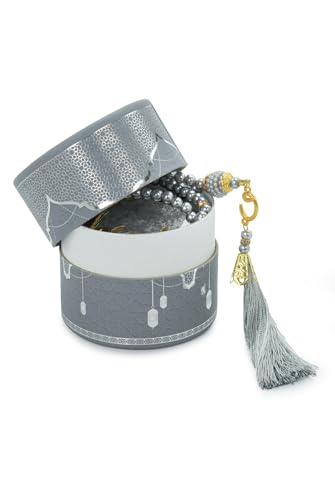 ihvan online Mini Quran & Tesbih Gift Set with Cylinder Box – 99 Pearl Muslim Prayer Beads, Misbaha Tasbeeh Sibha Mala – Islamic Ramadan, Eid & Mawlid Gift for Men & Women, Gray