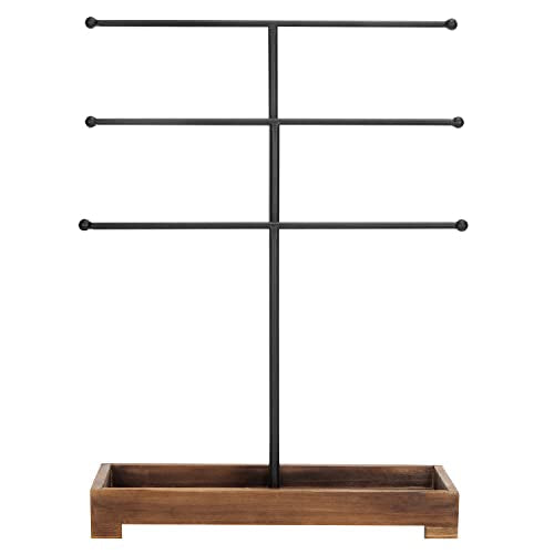 MyGift 3-Tier Black Metal T-Bar Jewelry Organizer Stand, Necklace and Bracelet Hanging Display with Brown Wood Ring Tray Black / Brown