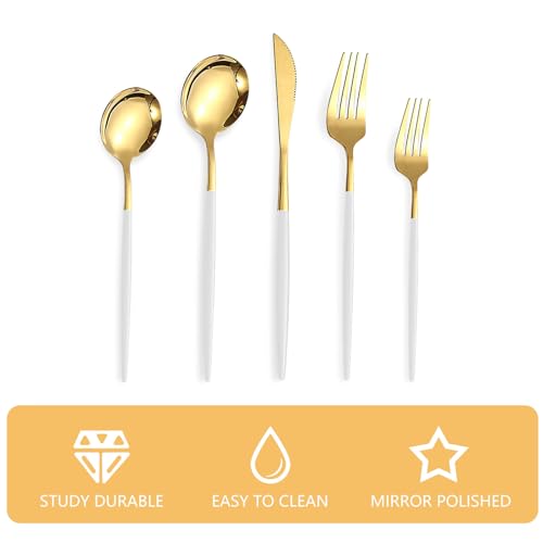 Kawlity Stainless Steel Serving Flatware Durable White & Gold Polished Knives Spoon Forks 30 Pcs Utensil Dinner Tableware, for Kitchen Dishwasher Adults and Children Ideal Gift White Gold