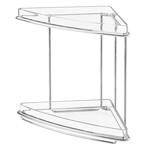 mDesign Steel/Plastic Freestanding Countertop Corner Shelf Organizer with 2-Tier Storage for Bathroom, Vanity, Cabinet, Counter - Holds Makeup, Bath Gel - Prism Collection - Clear Pack of 1