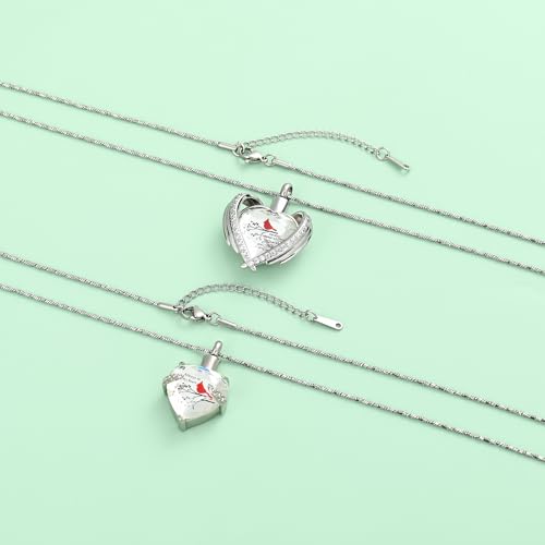Yinplsmemory 2 Pieces Red Cardinal Urn Necklace for Ashes Keepsake Memorial Crystal Heart Urn Locket for Human/Pet Cremation Jewelry Silver