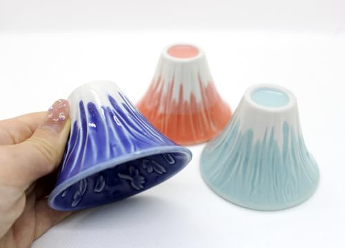 Japanese Sake Cup Mount Fuji Design Wine Soju Porcelain Ochoko Gifts (Blue Red Snow, 3 Ochoko) Blue Red Snow