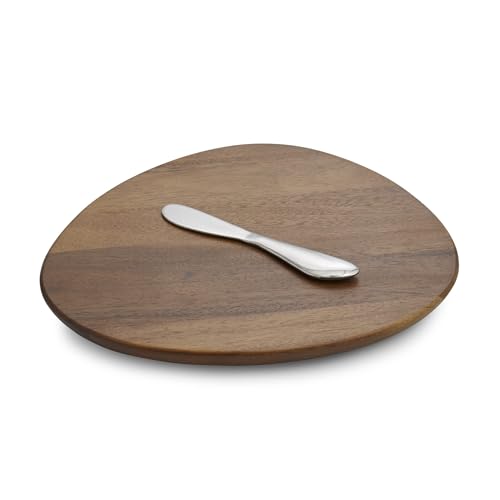 Nambé Xeno Cheese Board with Spreader, Acacia Wood & Stainless Steel Serving Set for Cheese & Charcuterie & Crackers, 10.5 inch Board & 7.5 inch Spreader, Modern Dining & Entertaining Essential