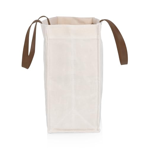 PICNIC TIME market waxed canvas tote with leatherette handles in beige, reusable grocery bag for shopping and carrying items.