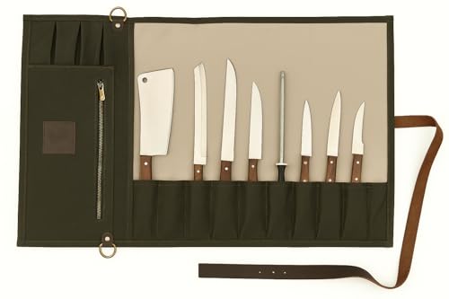 EVERPRIDE Stunning Waxed Canvas Roll Bag in Rich Dark Green w Genuine Leather Trim. Handsome Professional Chef Knife Roll Bag with upto 14" Knives and Storage Compartments A Super Gift