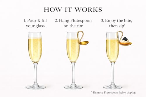 FluteSpoon™ Gold Appetizer Spoon for Champagne, Wine & Cocktails – Rim-Hanging Stainless Steel Serving Spoon – Set of 4