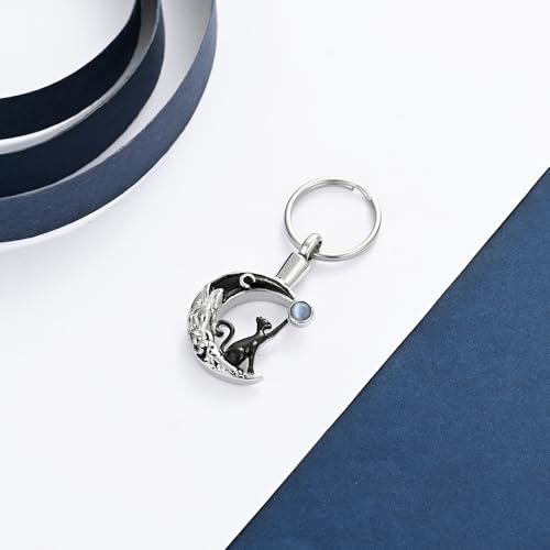 constantlife Cat Moon Urn Necklace for Women Pet Cremation Jewelry for Ashes Stainless Steel Pendant Funeral Keepsake Loved Ones Memorial Gift Black Keychain
