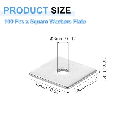 uxcell 5/8-inch square plate washers for 1/8-inch bolts, stainless steel flat spacer gaskets, 100 pieces