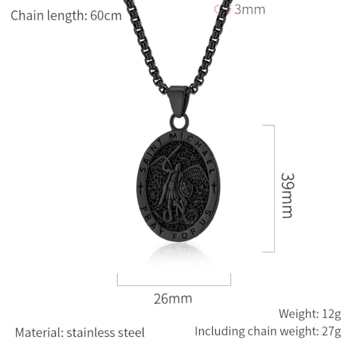 St Michael Pendant for Men Stainless Steel Archangel Necklace Amulet A-black-60cm chain
