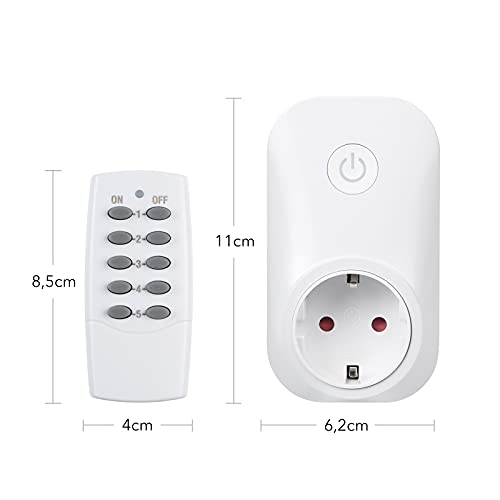 HBN Radio Socket Set of 5 Sockets with 2 Remote Controls, 3680 W Remote Controlled Plug for Indoor Christmas Decoration, Household Appliances, Range 30 m, White Pack of 5