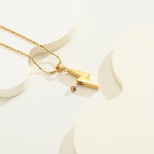 Lightning Bolt Urn Necklaces for Ashes Thunderbolt Cremation Jewelry for Ashes Keepsake Memorial Necklace for Women Men Jewelry Ashes Holder Vertical Lightning Urn Pendant A-Gold