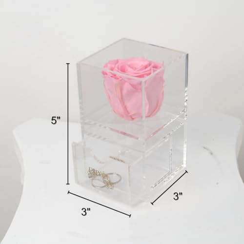Preserved Rose in Luxury Acrylic Jewelry Box with Drawer - Elegant Gift for Women, Anniversary, Birthday, Valentine's Day, and Special Occasions (Pink) Pink