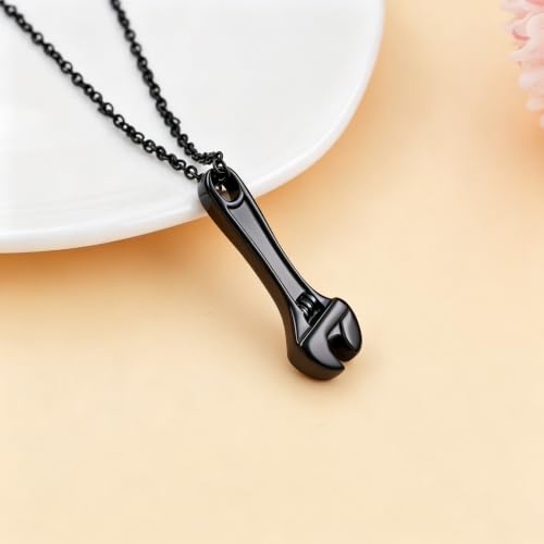 Wrench Cremation Jewelry for Ashes Stainless Steel Tool Urn Pendant Locket for Men Women Spanner Keepsake Memorial Necklace for Human Ashes Holder black