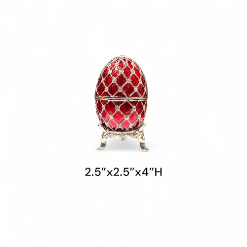 Rhodium Plated Peweter Musical Egg Trinket Box, Red Enamel with Austrian Crystals, 2.5 x 2.5 x 4 inches