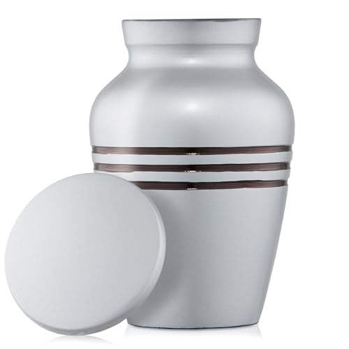 Reminded Small Cremation Memorial Urn for Human Ashes, Silver with Black Striped Miniature Keepsake Urn with Velvet Case Silver Stripes