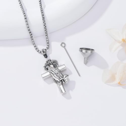 PROESS Praying Hands/Angel/Sword Wings Cross Necklace 925 Sterling Silver Cross Pendant Cremation Jewelry Religious Gifts for Men Christian 3-Cross urn necklace