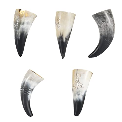 FENRIR Viking Drinking Horn Set of 5 – Gifts for Men, Dad, Husband – Unique Viking Gift – Handmade Real Ox Horn Cup with Wooden Storage Tray & Opener – For Beer, Ale, Mead