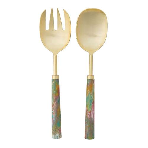 Creative Co-Op gold stainless steel salad servers with handles, 2-piece set for serving salads in elegant dining settings.