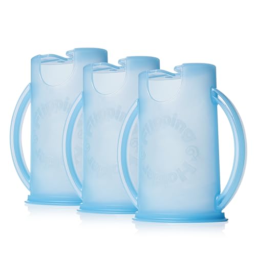 Flipping Holder Squeeze Proof Food Pouch Holder for Toddlers, Babies, Kids, Mess Free No Squeeze Juice Box Drink Holder with Easy Grip Handles and Lid - Made in USA (Blue 3 Pack) Blue 3 Pack