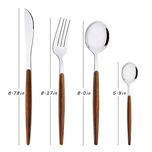 24-Piece Silverware Set for 6, Silver Mirror Polished Stainless Steel Flatware Set, Wooden Effect Handle Utensil Set for Home Hotel Restaurant, Family Cutlery Set Include Knife Fork Spoon Brown Silver
