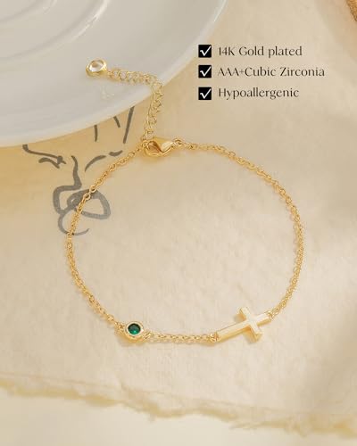 Birthstone Cross Gold Bracelets for Women Non Tarnish Trendy Green May