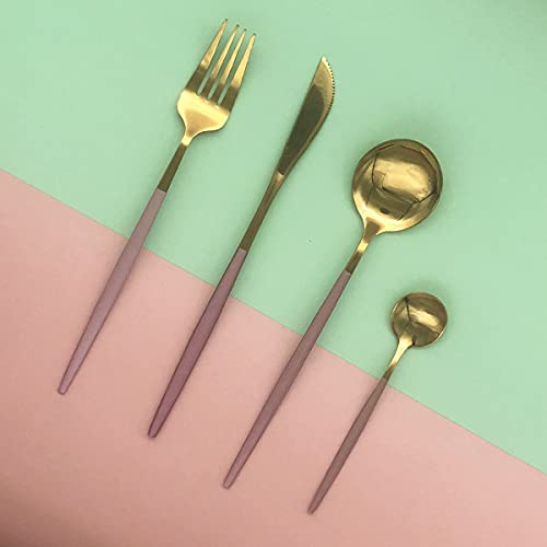 Gold Silverware Set, 24-Piece Stainless Steel Flatware Set Service For 6, Mirror Polished Pink Handle Tableware Cutlery Set Knife Fork And Spoon For Home & Restaurant, Dishwasher Safe 24-Piece Set (Service for 6) Pink Gold