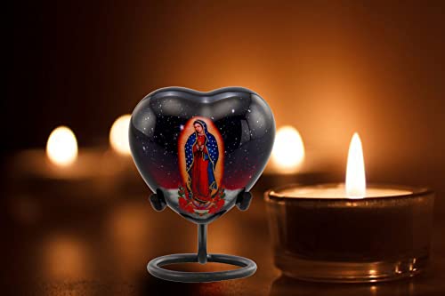 Our Lady of Guadalupe Heart Keepsake Urn, Urn and Ash Storage Religious Token Urn for Ashes, Spiritual Sharing Urn, Handcrafted Memorial Heart Urn with Velvet Case & Bag (Heart Keepsake)