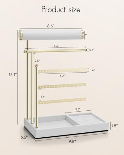 VLANDO Jewelry Stand Organizer with Ring Holder Tray, Necklace and Earring Storage for Bracelets, Watches and Rings, PU Leather Covered Wooden Tray with Gold Metal Frame - White