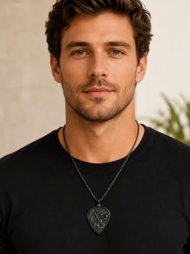 Guitar Pick Necklace Music Soundwave Guitar Pick Pendant with Music Note Jewelry Musicians Gifts 2-Black