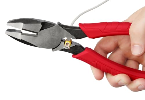Milwaukee 9-inch red leverage lineman pliers with side cutters, crimper, and pipe reaming head design