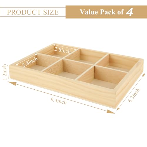 AKOLAFE 4 Pack Unfinished Wood Jewelry Trays for Drawers Insert 9.4” Small Trinket Dish Bulk 6 Grid Earring Holder Organizer Box Charm Display Tray with Dividers for Necklace Ring Storage Organization