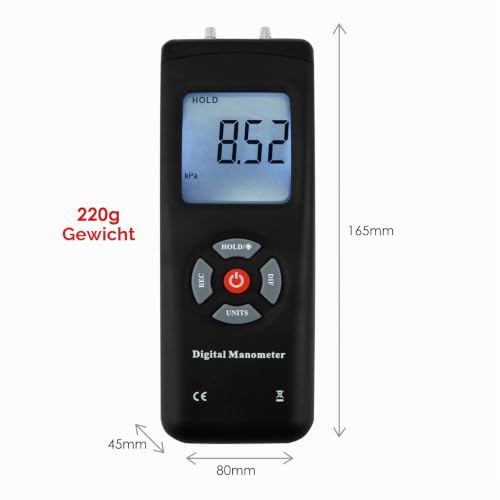 Professional Digital Manometer, Portable Handheld Air Vacuum/ Gas Pressure Gauge Meter 11 Units with Backlight, ±13.78kPa ±2PSI, Suitable for Differential Pressure of 1-2 Pipes, Ventilation,etc 11 units of measurement