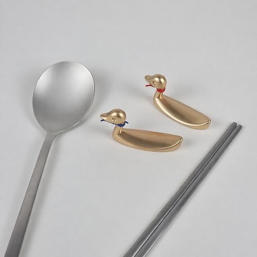 Mandarin Duck Couple Spoon Rest Set - Traditional Korean Harmony Symbol Gold Tone - Magnetic Utensil Holder - Wedding Housewarming Gift