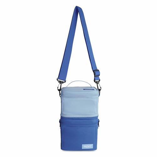 PackIt freezable small 3-in-1 lunch box in sky blue and azure blue, with 3.2L capacity, featuring a compact, insulated design.