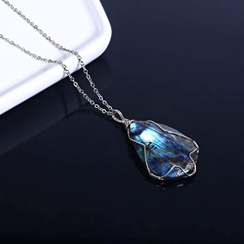 Labradorite Pendant Necklace for Unisex Natural Crystal Wire Wrap for Gifts