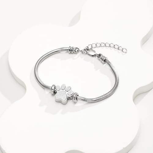 Urn Bracelet for Ashes for Women Men Dog Cat Paw Print Pet Cremation Jewellery Adjustable Memorial Keepsake Snake Link Bracelet silver