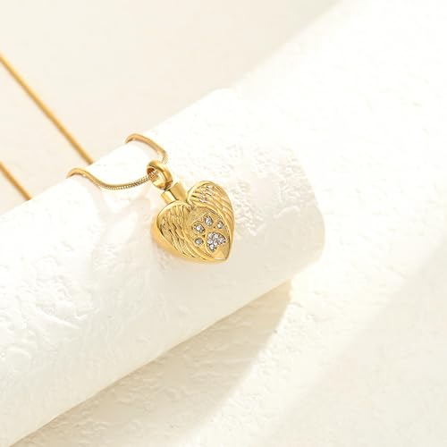 Cremation Jewelry Urn Necklace for Ashes for Pet Dog Paw Print Angel Wing Heart Urn Locket Pendant for Dog/Cat (Gold) Gold