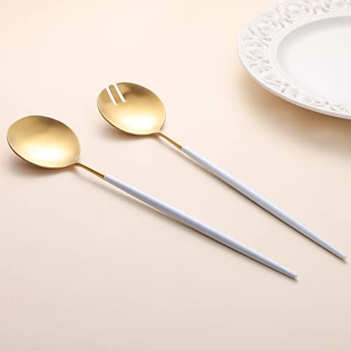 Salad Servers,Spoon and Fork Set 11.41 inch,18/10 Stainless Steel Salad Serving Titanium Plating (White gold) White/Gold