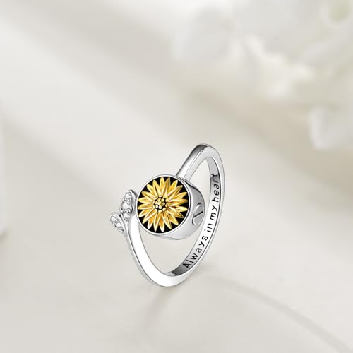 YFN Sunflower Urn Rings for Ashes Sterling Silver Sunflower Cremation Jewellery for Women daughters