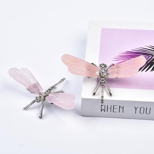 JIC Gem 2Pcs Natural Rose Quartz Crystal Dragonfly Figurines Pink Crystal Dragonfly Decoration Handmade Silver Dragonfly Crystal Healing Stone 4.0-4.5 Inch