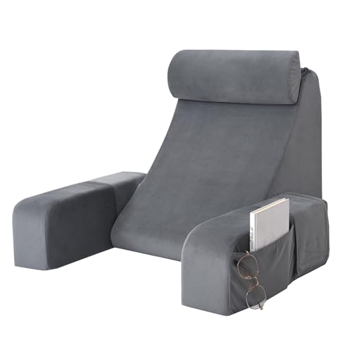 ENITYA large grey reading pillow for bed sitting and lounging, designed for comfortable support during reading or rest.