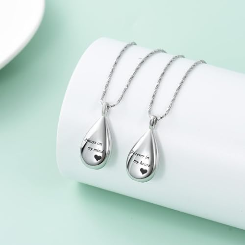 Yinplsmemory Teardrop Urn Ashes Necklace for Women Men Always In My Heart Urn Locket Pendant Ashes Keepsake Memorial Cremation Jewelry
