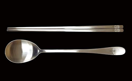 [5 Sets] [Made in Korea] Korean Sticky Rice Spoon Chopsticks Set Gold Titanium Plating 304 Stainless Steel Tableware Cutlery Set Mukbang Chopsticks (Willow Tree, 5 Sets) Willow, 5 Sets